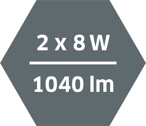 Leuchtmittel: 2 x 8 W Cree LED, je 1040 lm