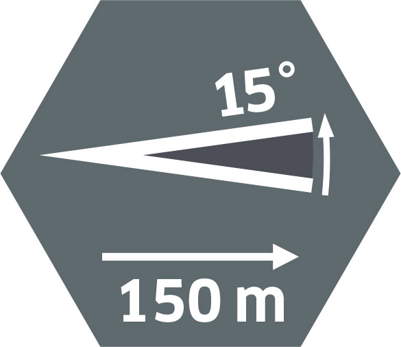 Fokuslicht: Abstrahlwinkel 15°, Leuchtweite bis zu 150 m