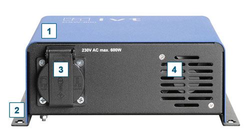 Bedienungs- und Anzeigeelemente Digitaler-Sinus-Wechselrichter DSW-600, 12 V, Vorderseite