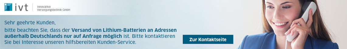 Der Versand von Lithium-Batterien an Adressen außerhalb Deutschlands ist nur auf Anfrage möglich.